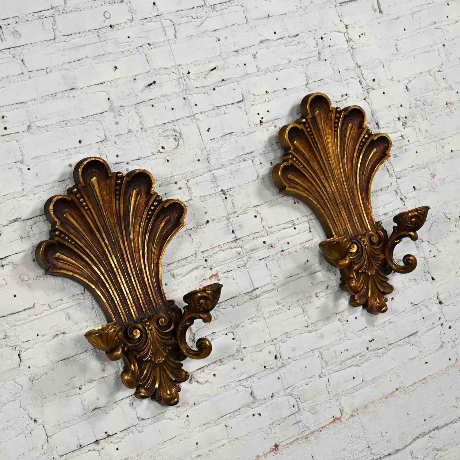 Vintage Gilded Syroco Hollywood Regency Double Candle Wall Sconces a Pair For Sale 5
