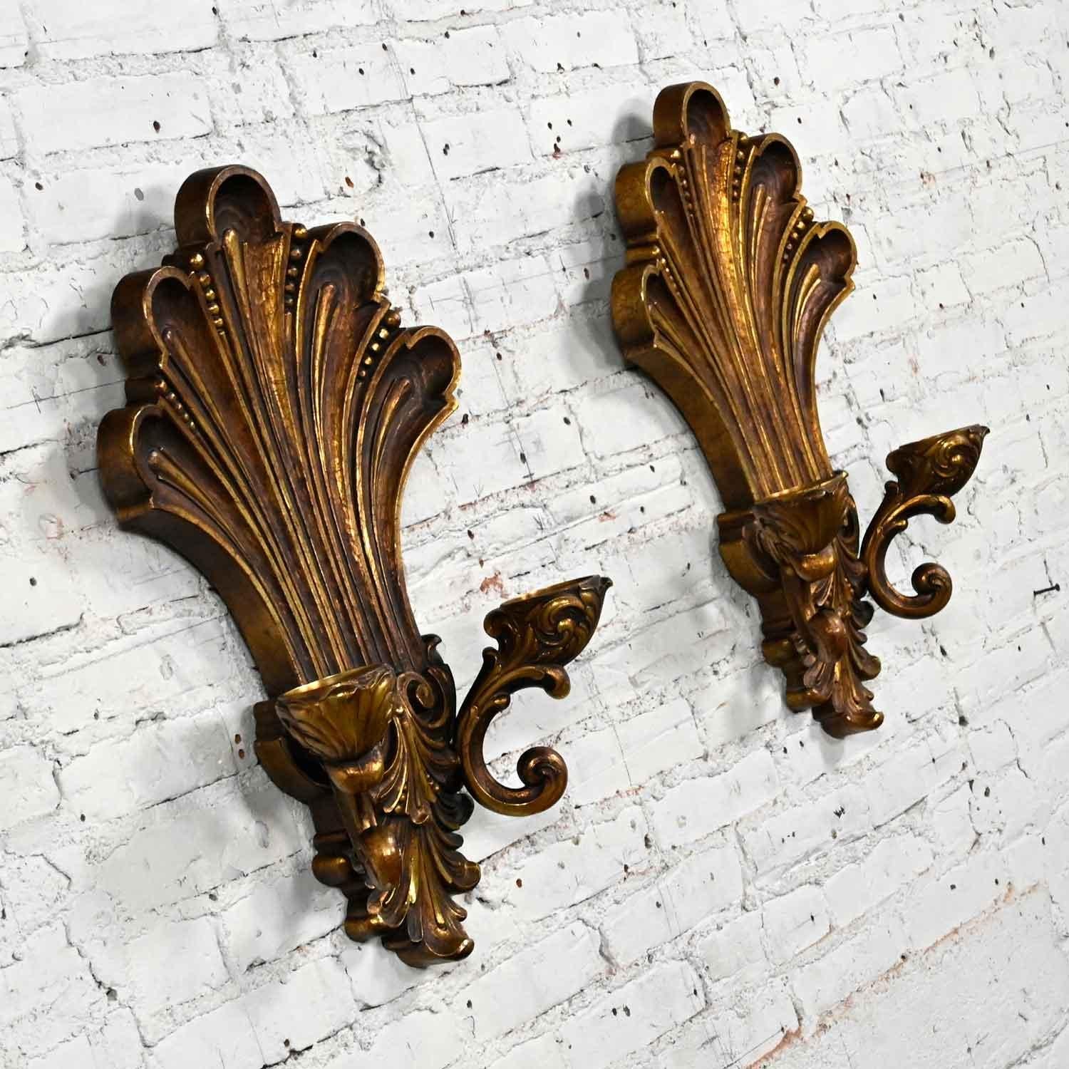 American Vintage Gilded Syroco Hollywood Regency Double Candle Wall Sconces a Pair For Sale