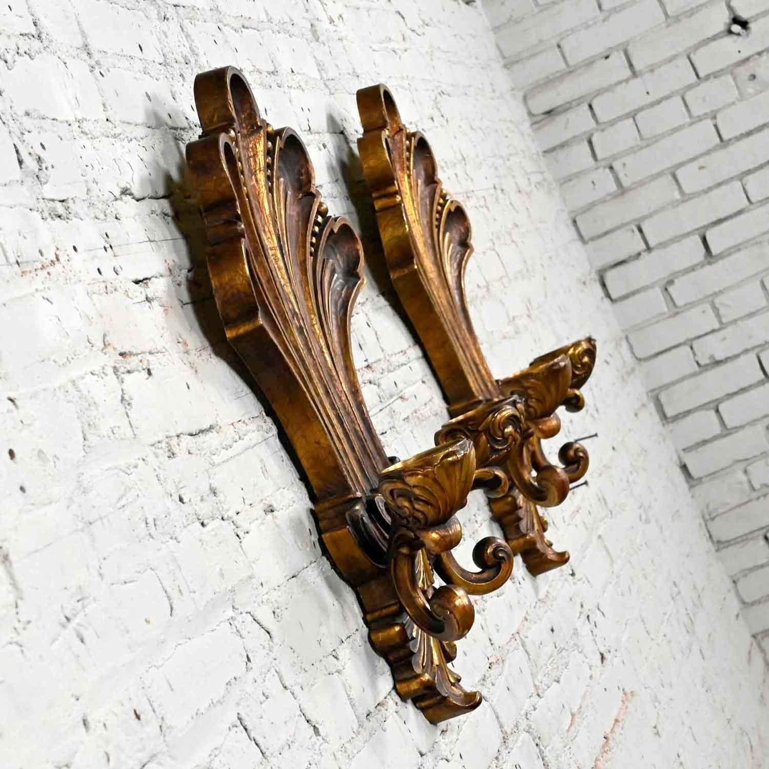 Gilt Vintage Gilded Syroco Hollywood Regency Double Candle Wall Sconces a Pair For Sale