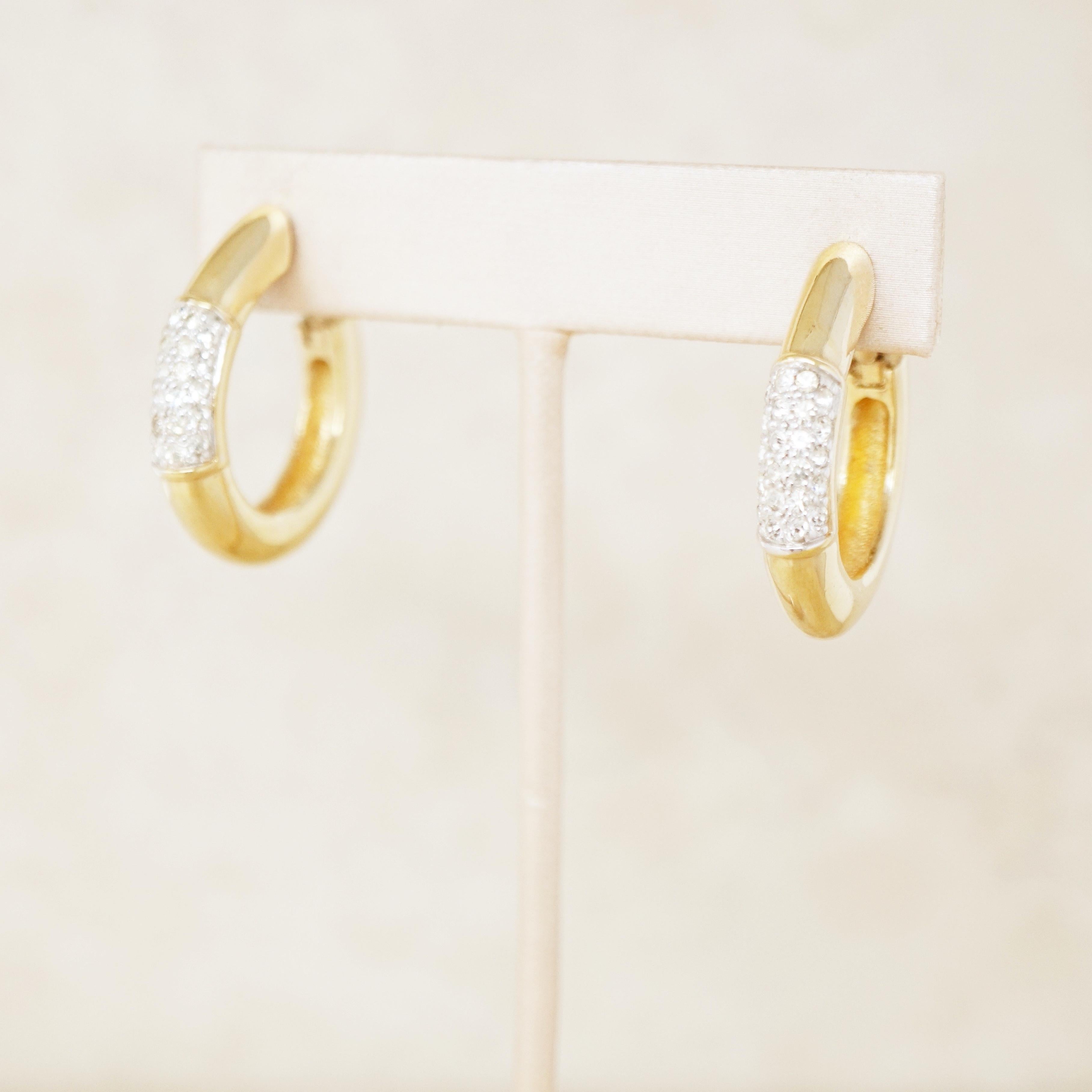 Vintage Gilded Tubular Teardrop Hoop Earrings w Crystal Pavé by Panetta, 1980s In Excellent Condition In McKinney, TX