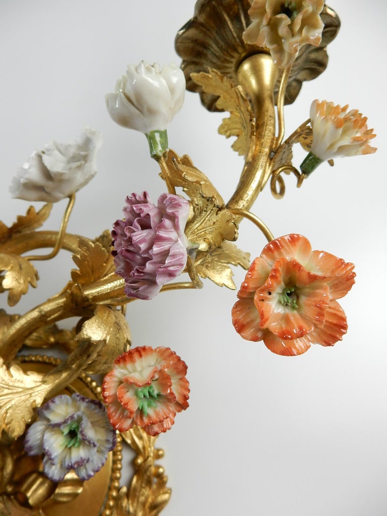 Vintage Gilded Wall Sconces with Hand Painted Porcelain Flowers at 1stDibs