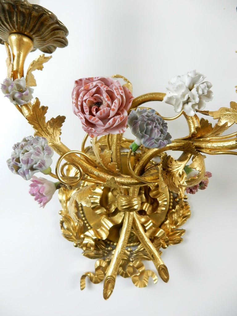 Vintage Gilded Wall Sconces with Hand Painted Porcelain ... on Wall Sconces With Flowers id=71450