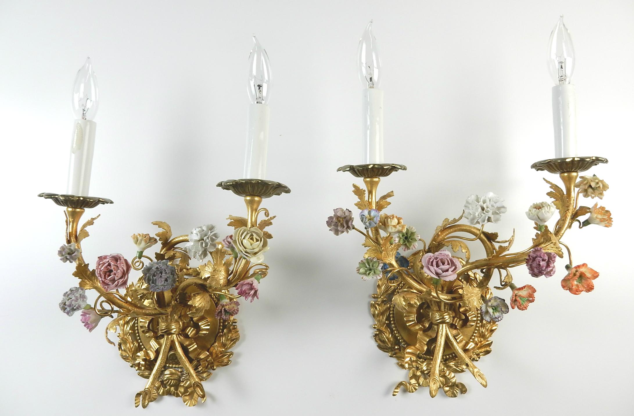 20th Century Vintage Gilded Wall Sconces with Hand Painted Porcelain Flowers