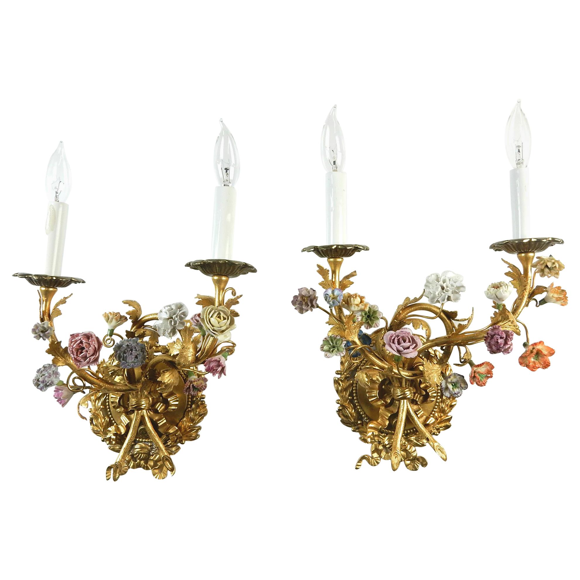 Vintage Gilded Wall Sconces with Hand Painted Porcelain Flowers