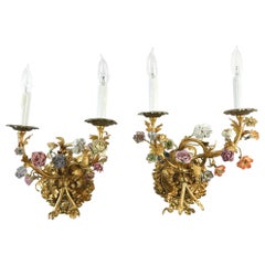 Vintage Gilded Wall Sconces with Hand Painted Porcelain Flowers