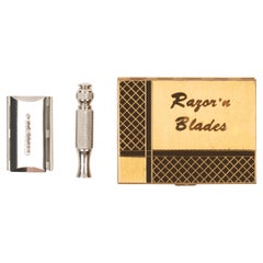 Vintage Gillette 1950 Gold / Silver Safety Razor Case & Blade Holder Set