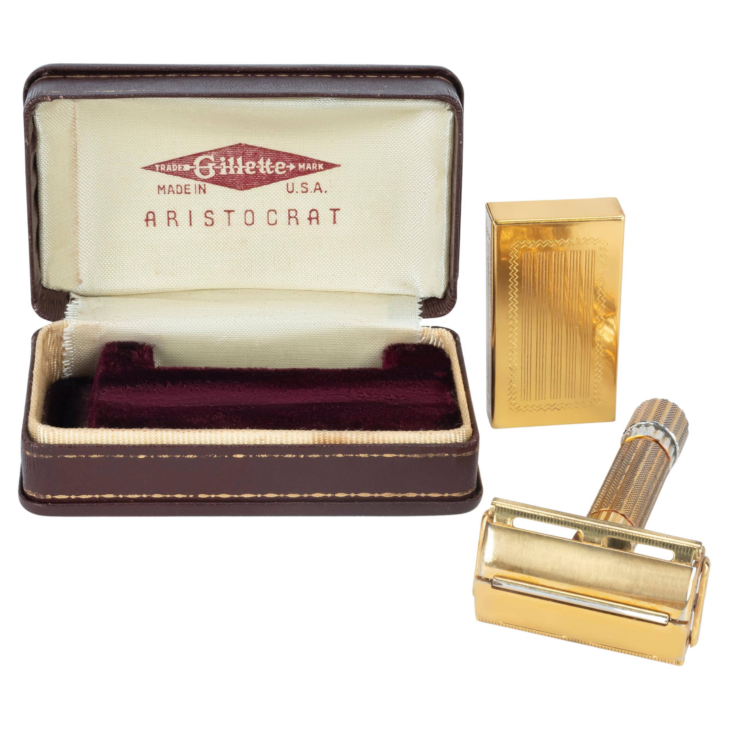 Vintage Gillette Gold Plated Aristocrat Safety Razor with Case & Blade Holder For Sale