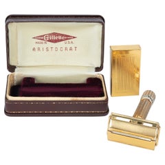 Vintage Gillette Gold Plated Aristocrat Safety Razor with Case & Blade Holder