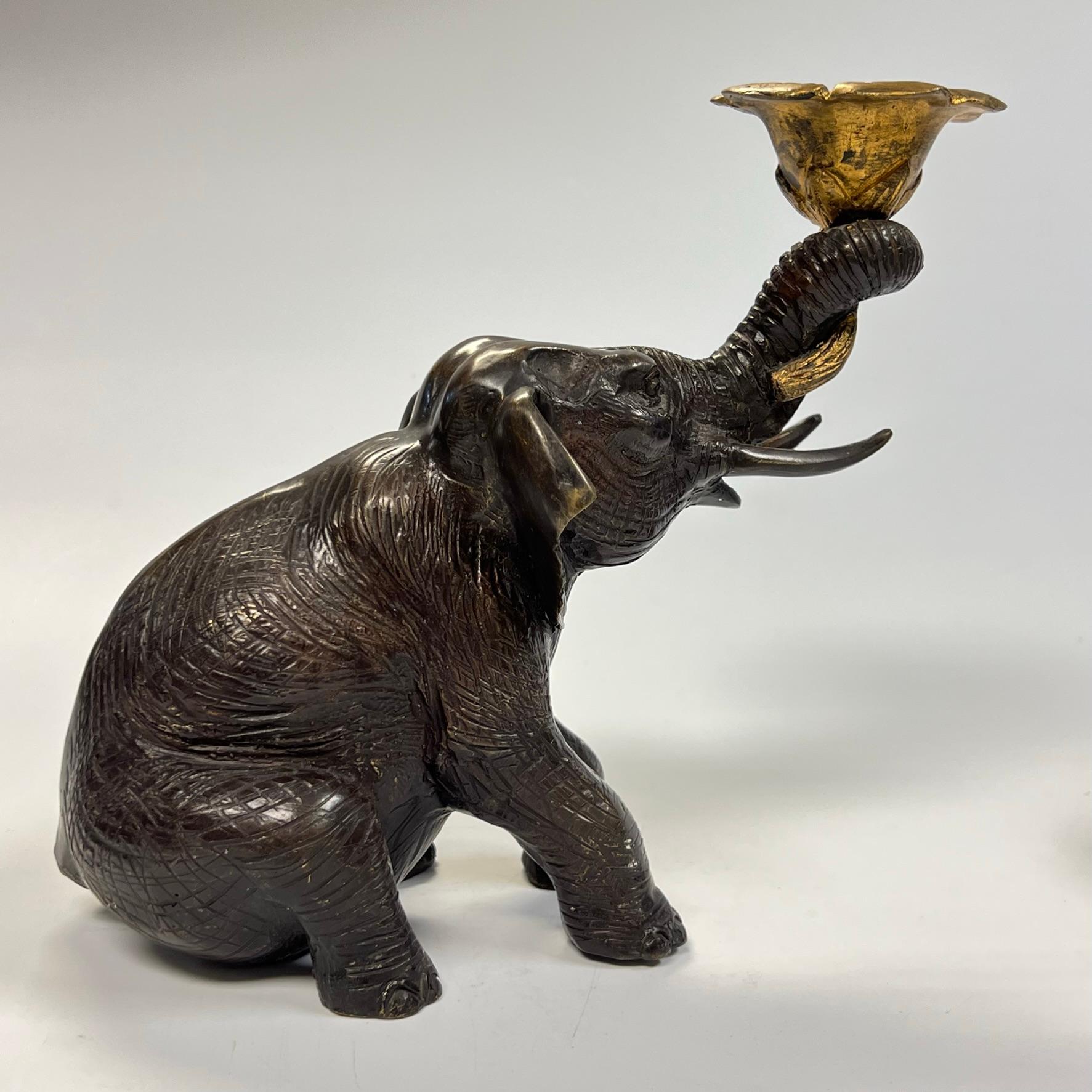 Vintage Gilt and Patinated Bronze Elephant Form Candleholders In Good Condition In New York, NY
