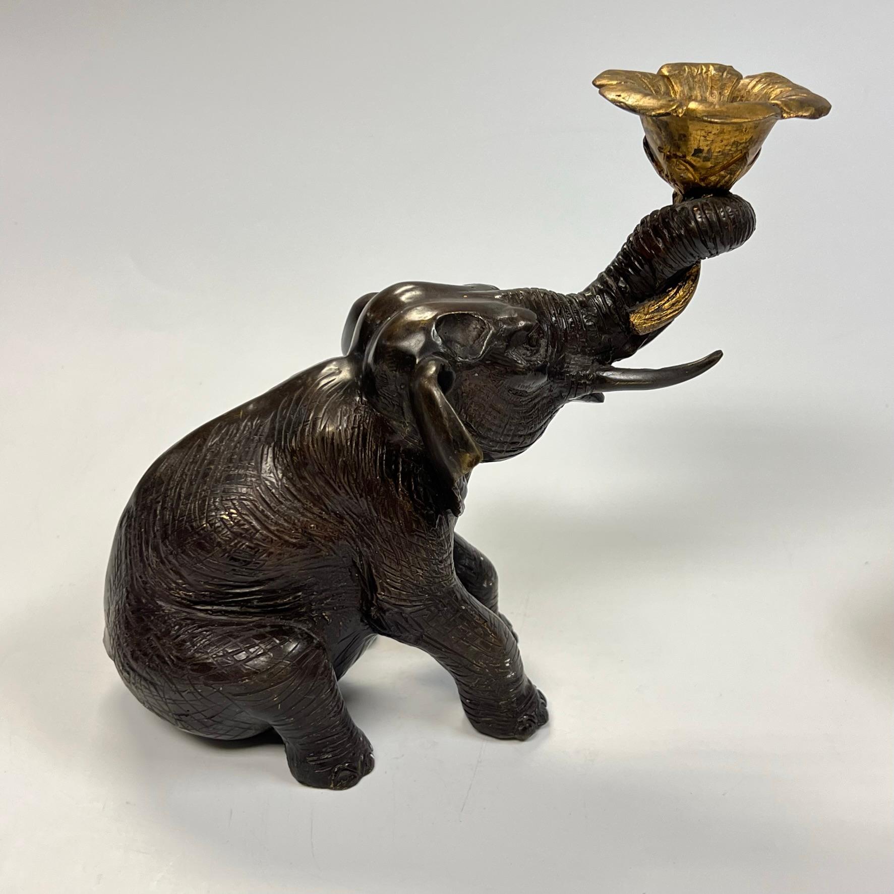 20th Century Vintage Gilt and Patinated Bronze Elephant Form Candleholders