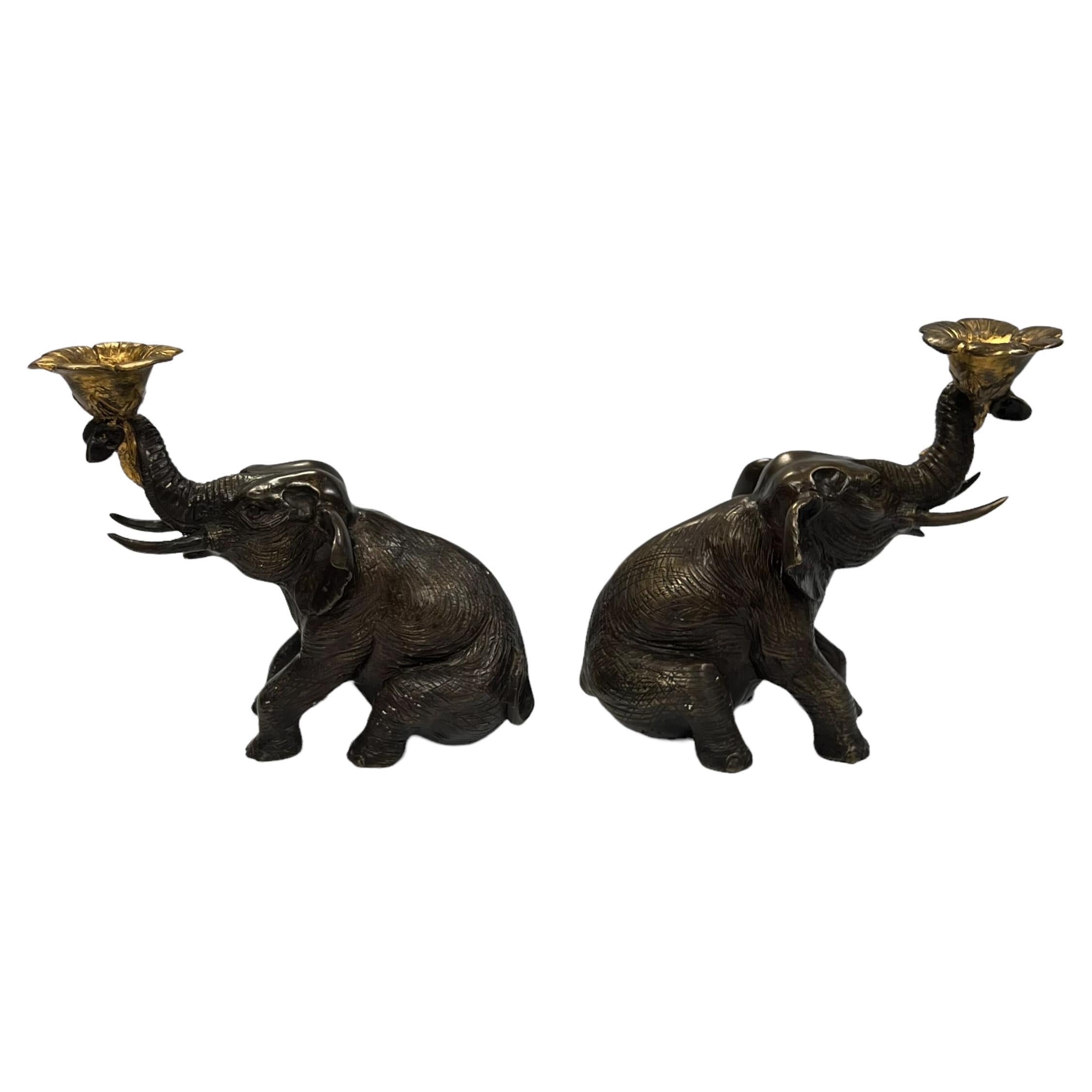 Vintage Gilt and Patinated Bronze Elephant Form Candleholders