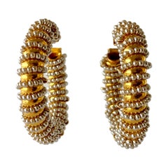 Vintage Gilt Architectural Hoop Pearl Statement Earrings