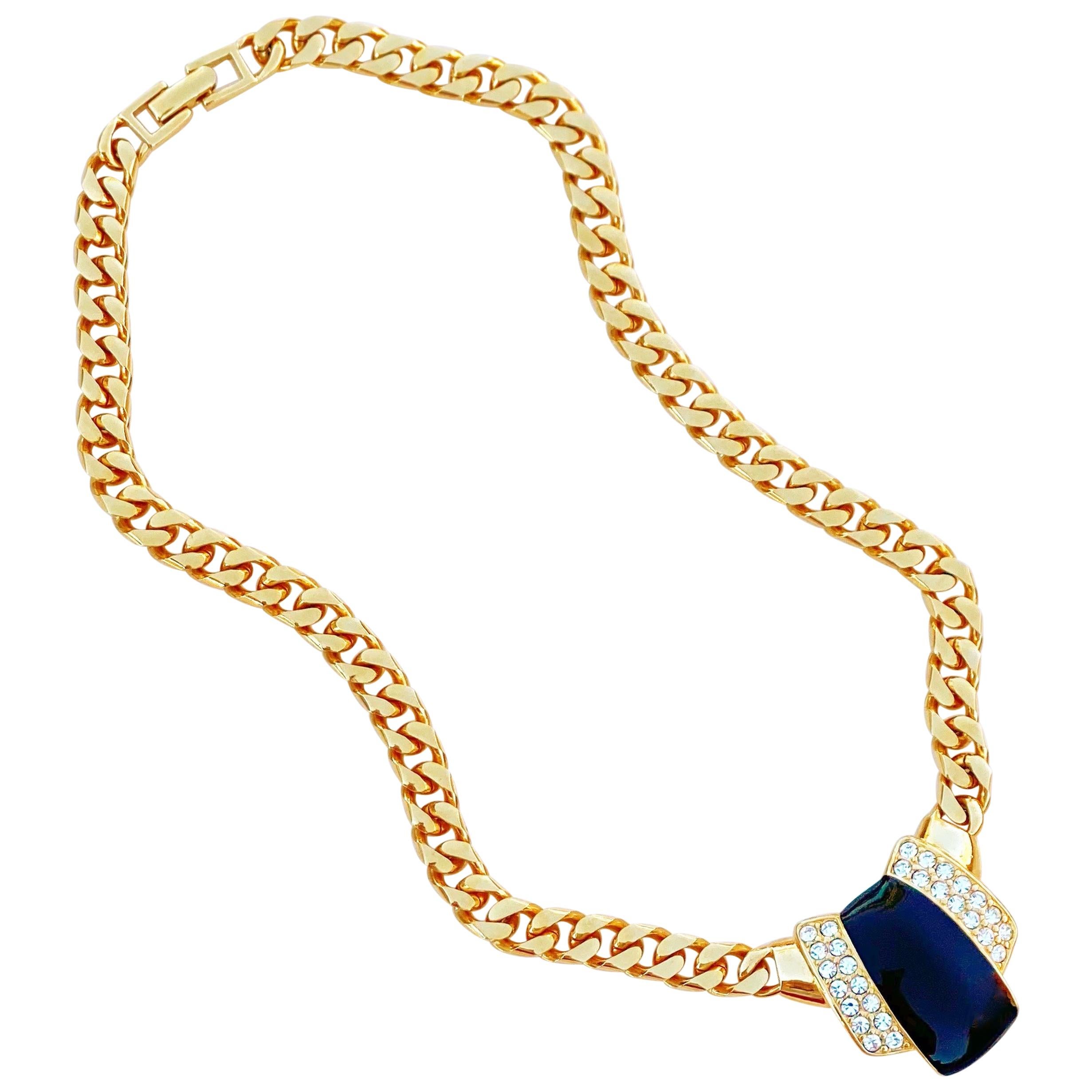 Vintage Gilt & Black Enamel Art Deco Style Curb Chain Necklace By Monet, 1980s