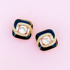 Vintage Gilt & Black Enamel Crystal Statement Earrings by Trifari, 1980s