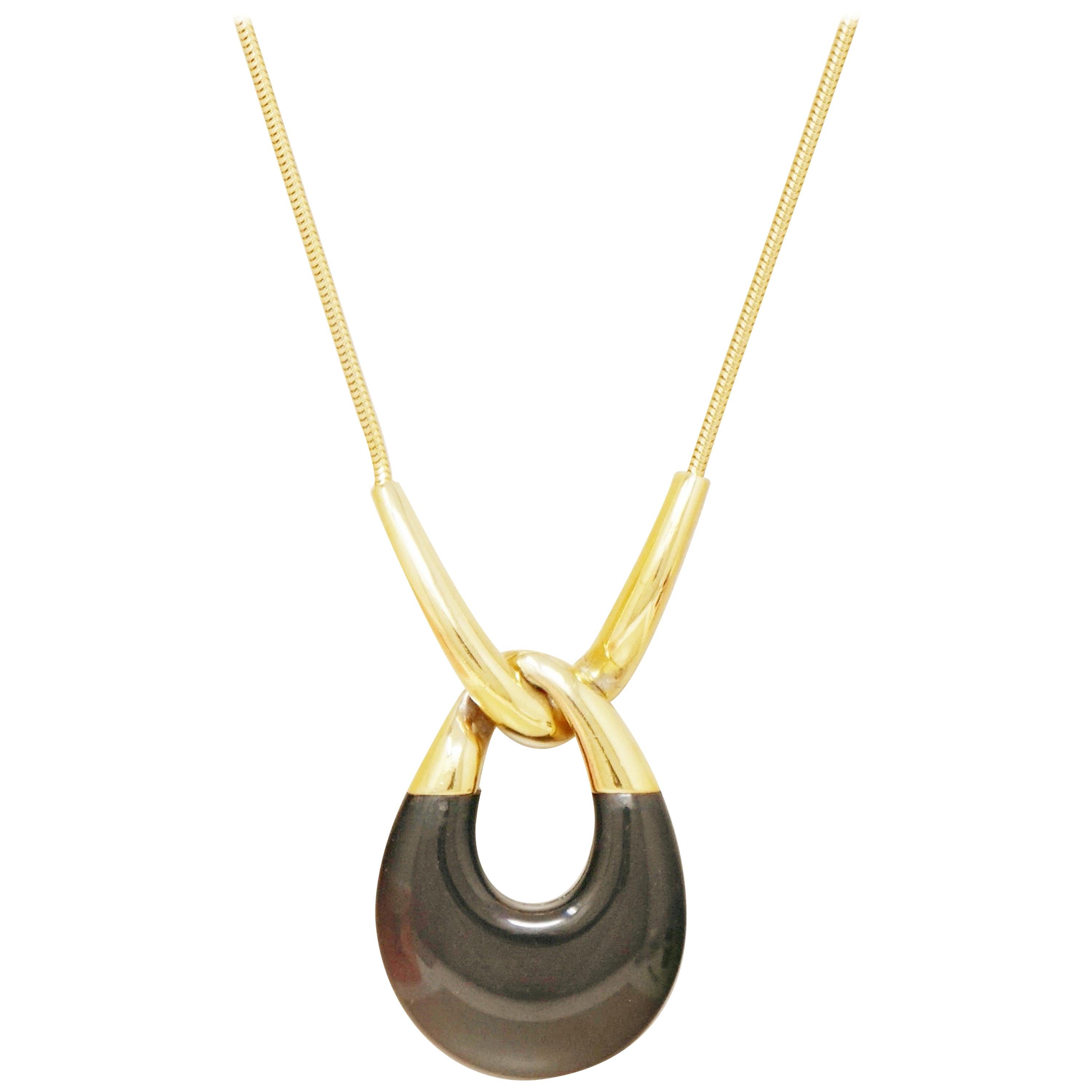 Vintage Gilt & Black Resin Mod Teardrop Pendant Necklace By Crown Trifari, 1960s For Sale