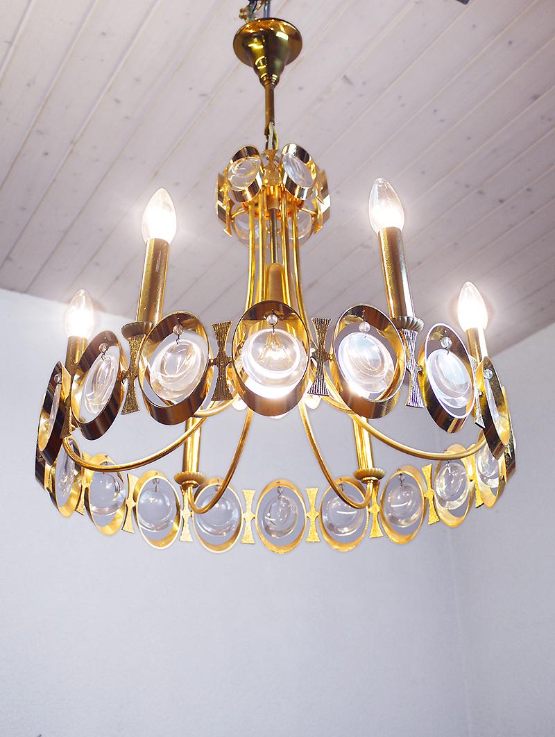 Mid-Century Modern Vintage Gilt Brass and Crystal Glass Chandelier by Lobmeyr For Sale
