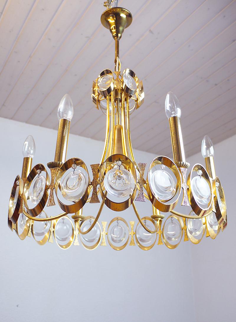 Gold Plate Vintage Gilt Brass and Crystal Glass Chandelier by Lobmeyr For Sale
