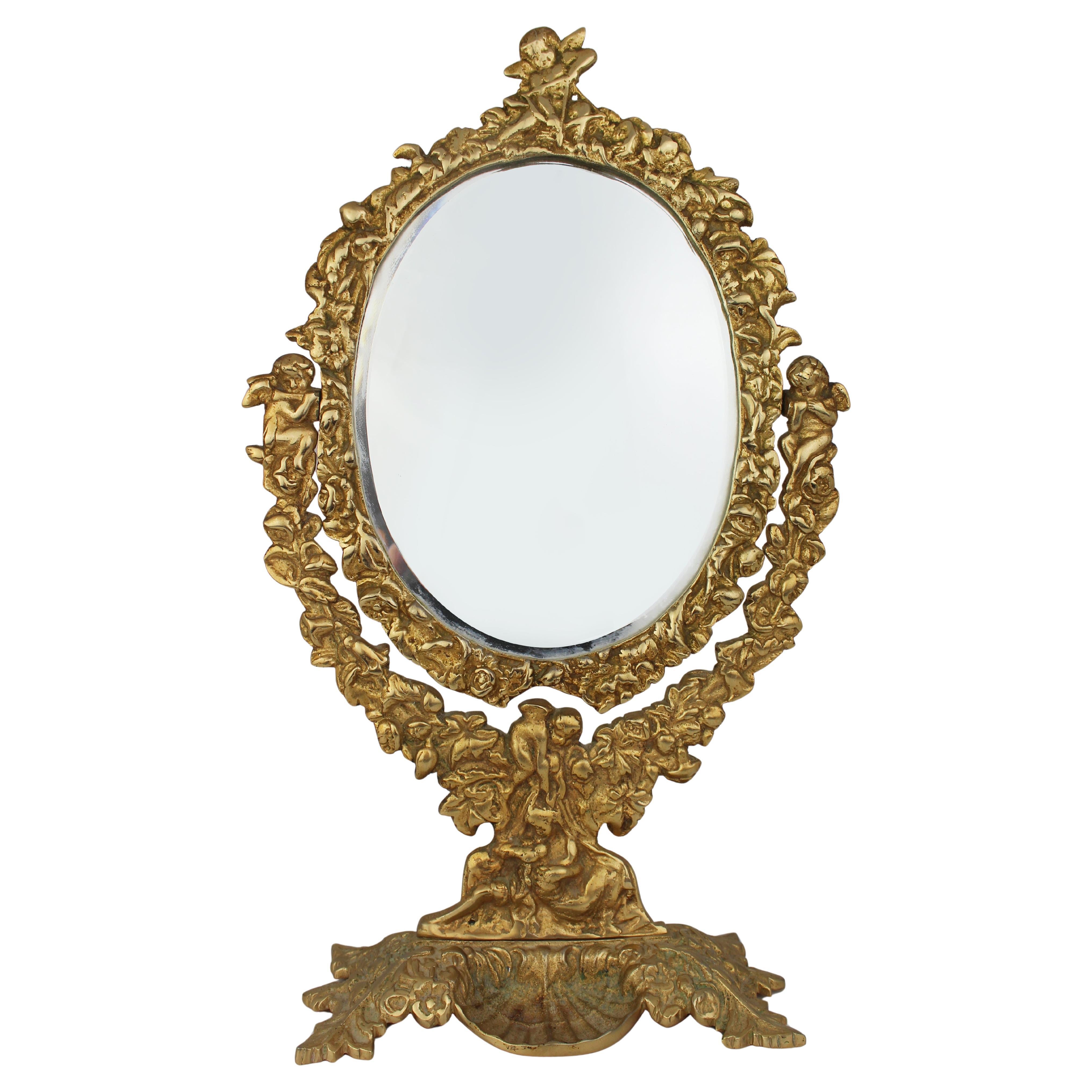 Vintage Gilt Brass Cherub Vanity Mirror