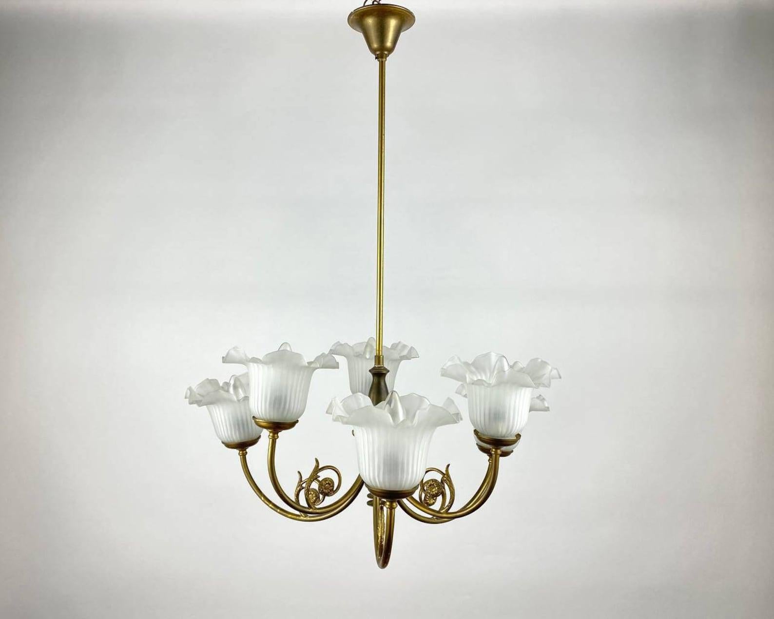 Vintage Chandelier of classical style from the French Manufactory. Circa 1970s. 

 Beautiful Chandelier with 6 light points is the quality in every detail of the lighting fixture. 

 The cast brass fittings of gold color looks solid and frosted