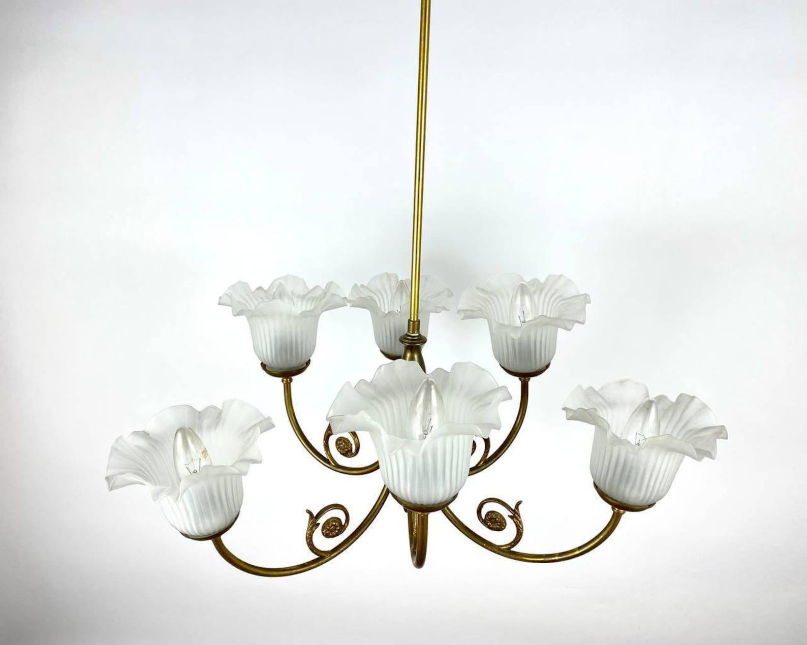 French Vintage Gilt Brass & Frosted Glass Pendant Lighting For Sale