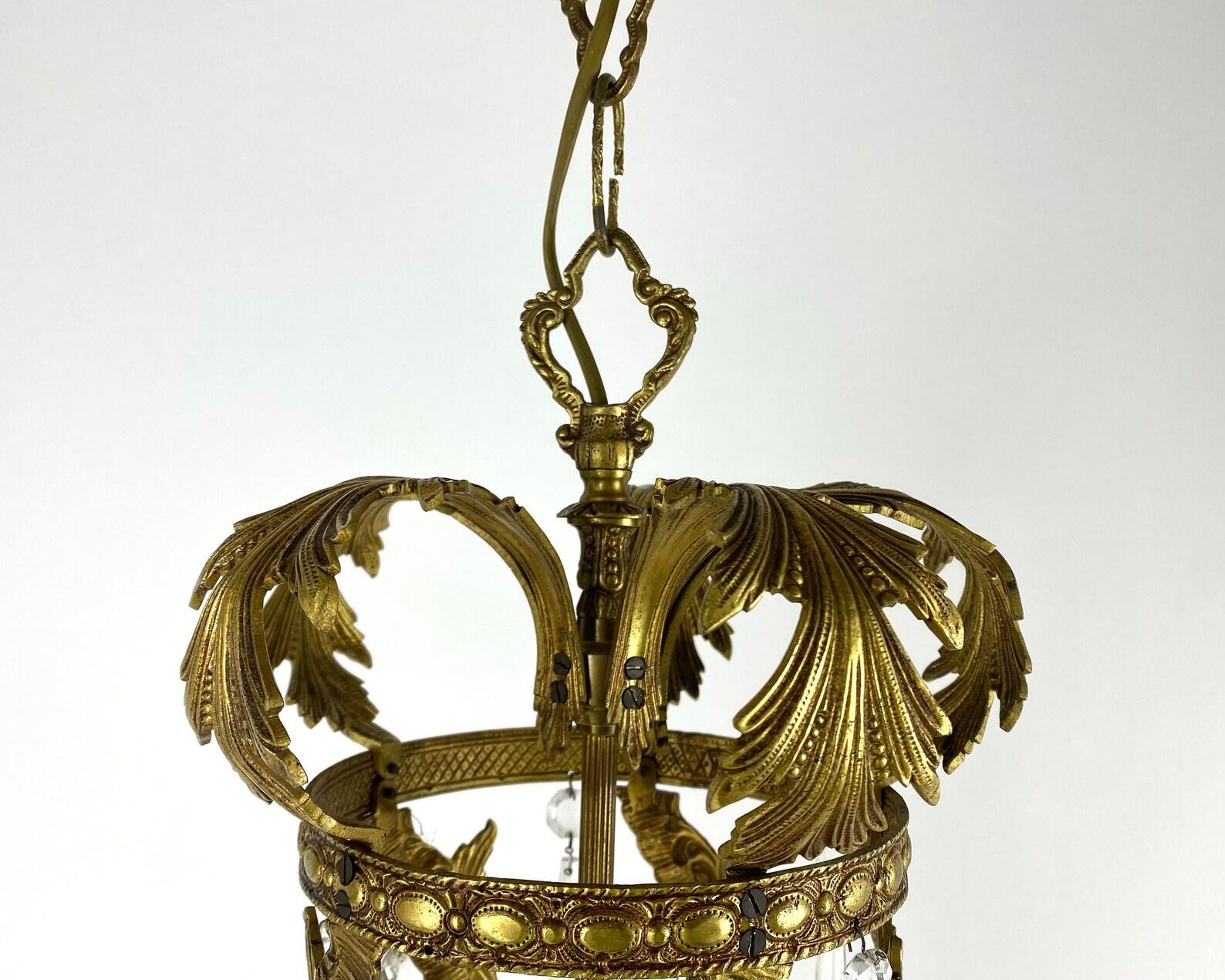 French Vintage Gilt Bronze and Crystal Ceiling Lantern, France, 1950s