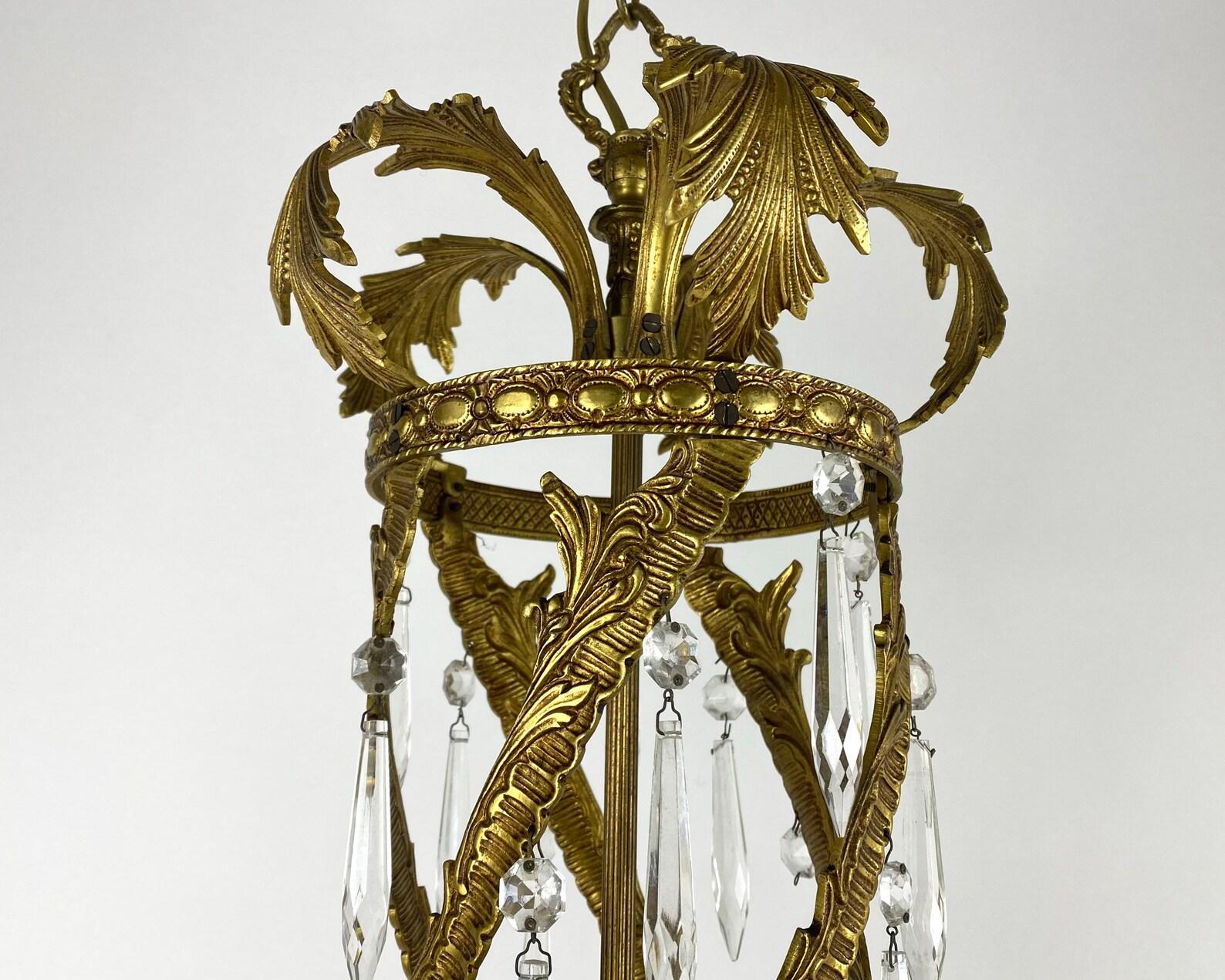 Vintage Gilt Bronze and Crystal Ceiling Lantern, France, 1950s In Good Condition In Bastogne, BE