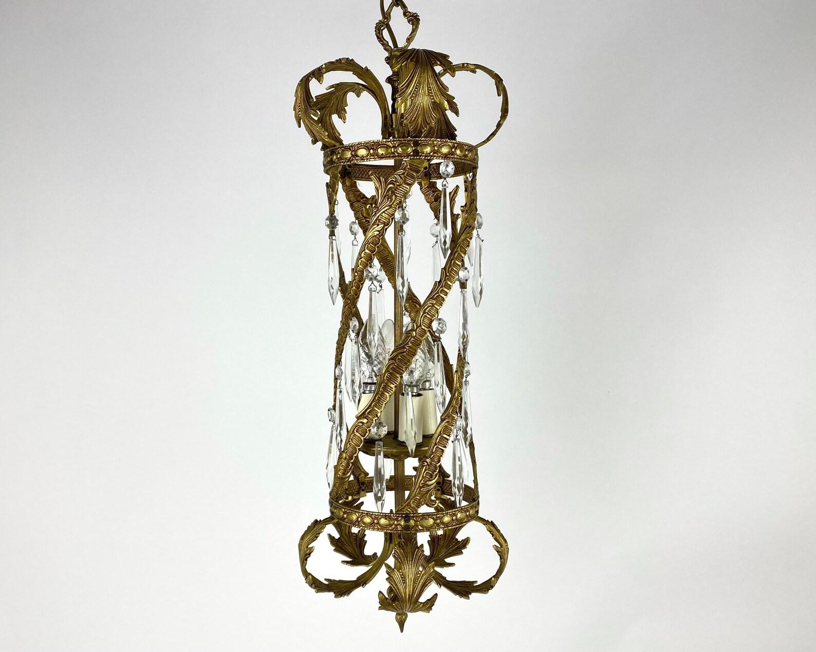 Mid-20th Century Vintage Gilt Bronze and Crystal Ceiling Lantern, France, 1950s