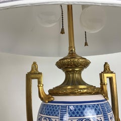 Vintage Gilt Bronze and French Porcelain Lamp Pair with Silk Shades
