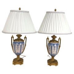 Vintage Gilt Bronze and French Porcelain Lamp Pair with Silk Shades