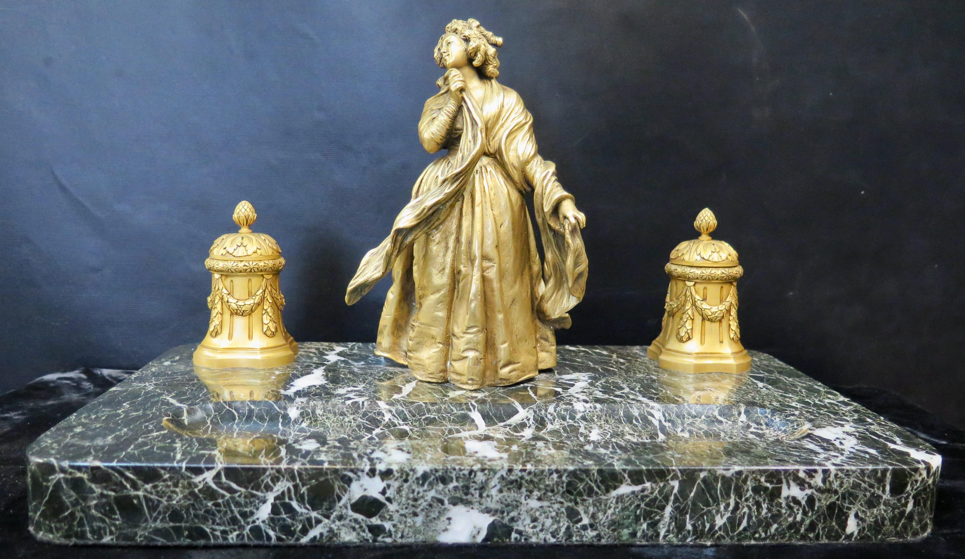Encrier vintage en bronze doré et marbre