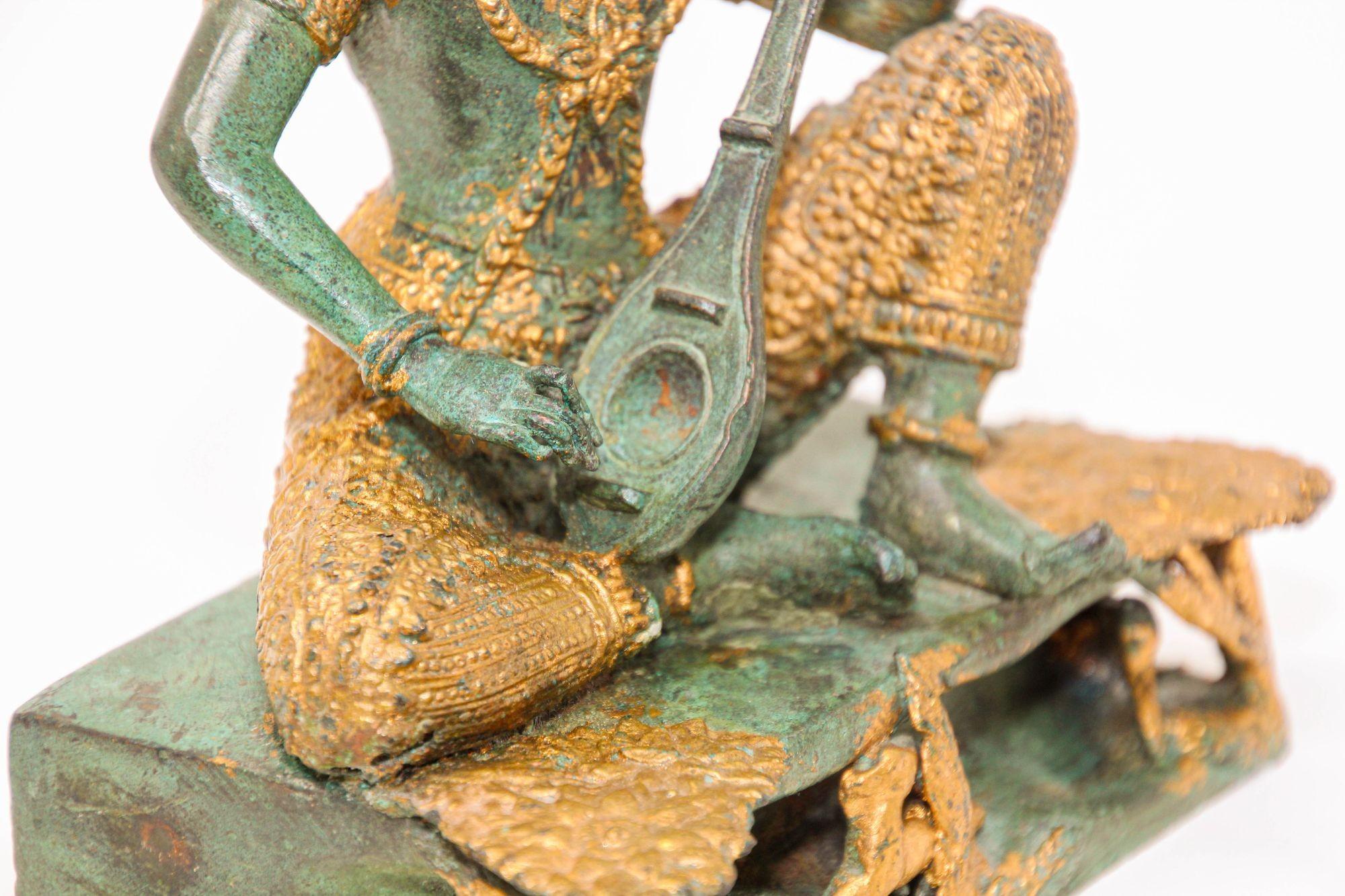 Vintage Gilt Bronze Asian Sculpture of a Thai Deity Prince Playing Music 1950s For Sale 3