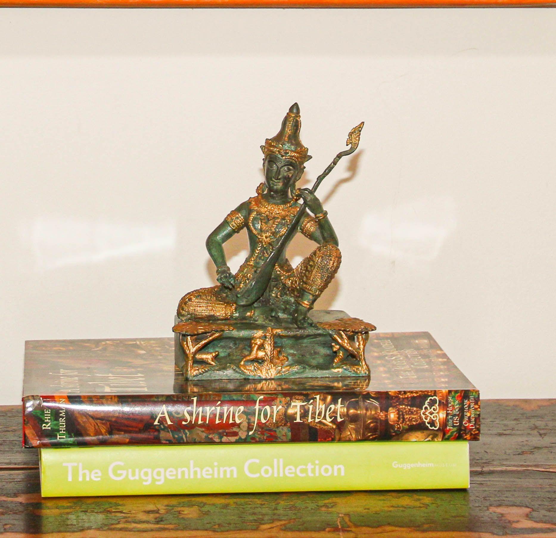 Vintage Gilt Bronze Asian Sculpture of a Thai Deity Prince Playing Music 1950s For Sale 12