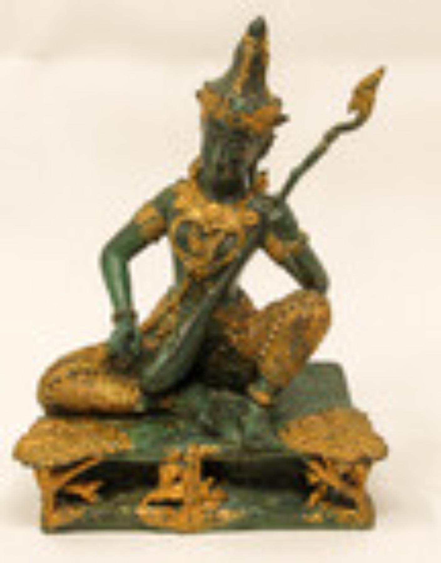 Vintage Gilt Bronze Asian Sculpture of a Thai Deity Prince Playing Music 1950s For Sale 13