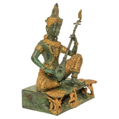 Vintage Gilt Bronze Asian Sculpture of a Thai Deity Prince Playing Music 1950s