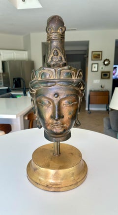 Vintage Gilt Bronze Bust Giltwood Stand Buddhist Deity Kannon Bosatsu