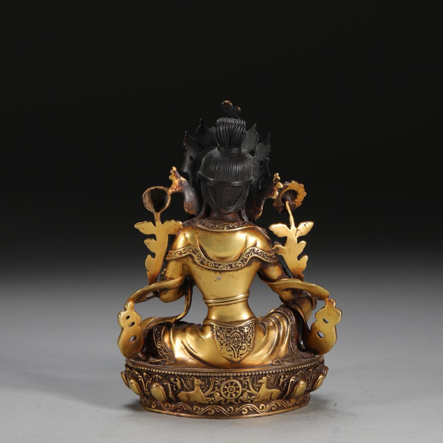 19th Century Vintage Gilt Bronze Green Tara Tibetan Buddhism Goddess Seated Statue For Sale
