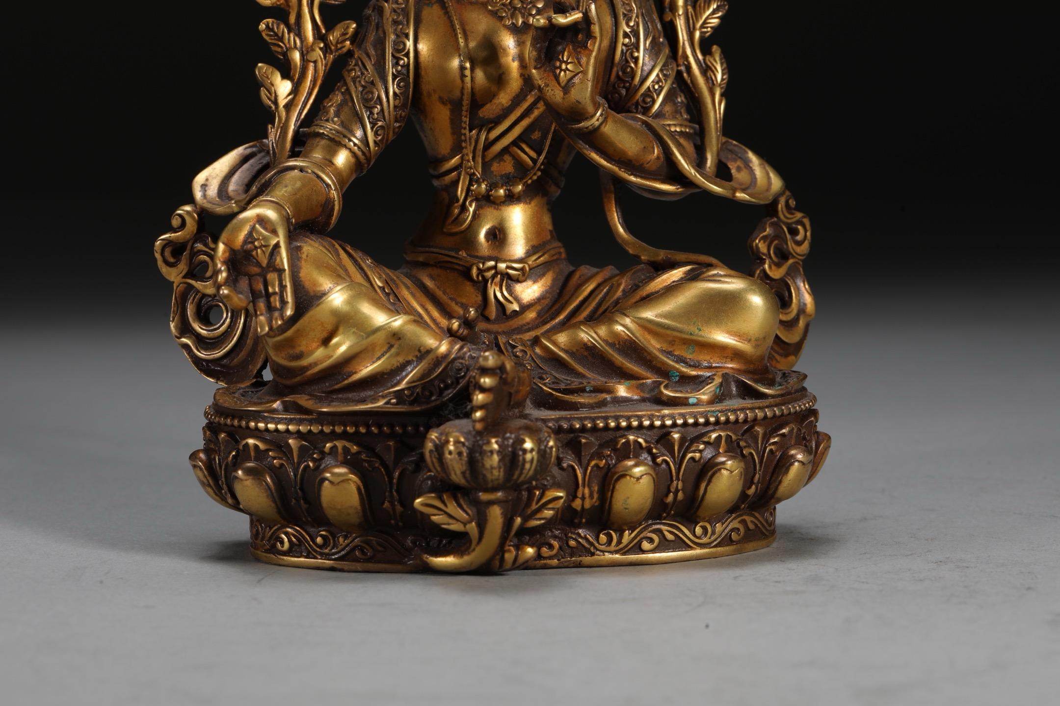 Vintage Gilt Bronze Green Tara Tibetan Buddhism Goddess Seated Statue For Sale 3