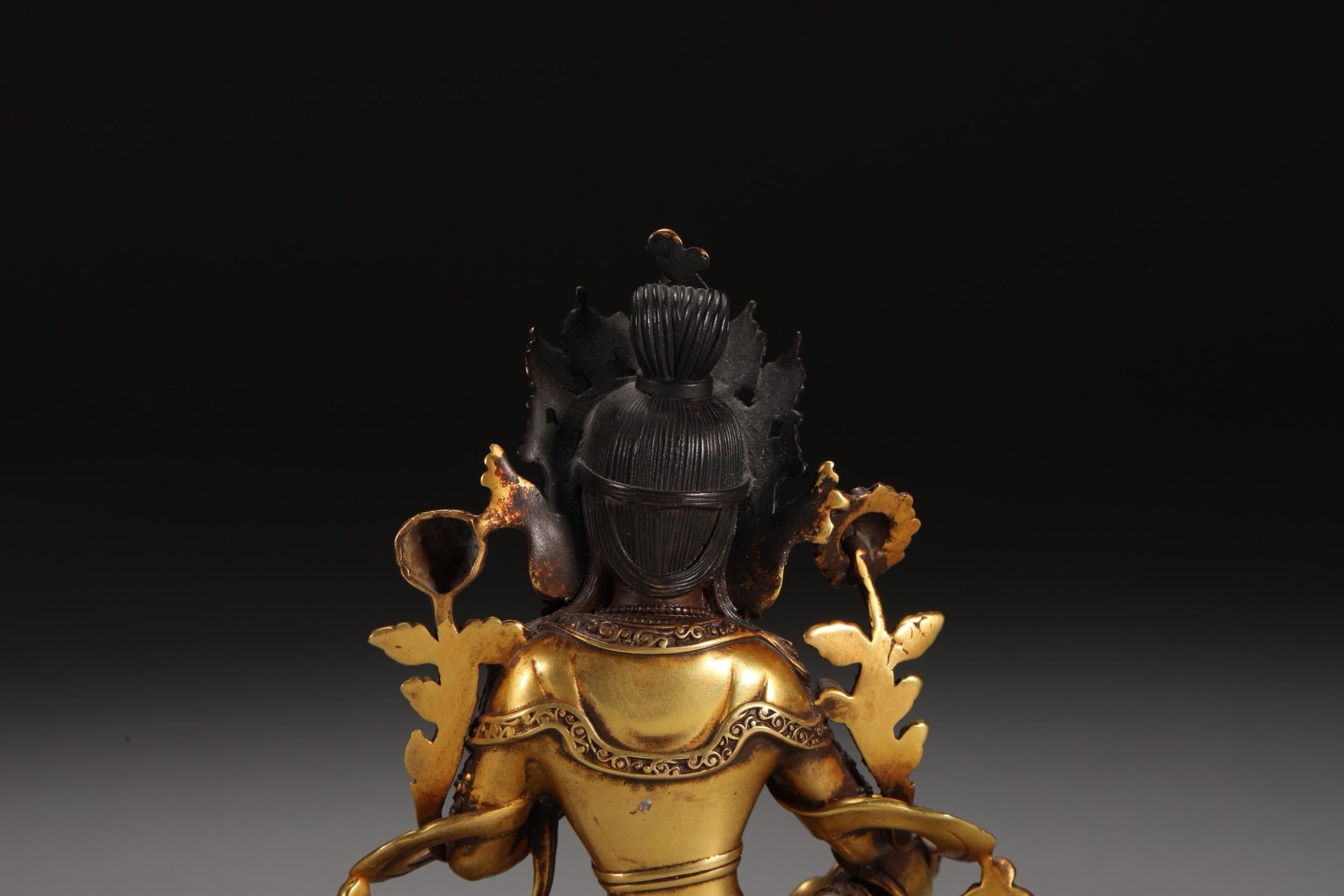 Vintage Gilt Bronze Green Tara Tibetan Buddhism Goddess Seated Statue For Sale 4