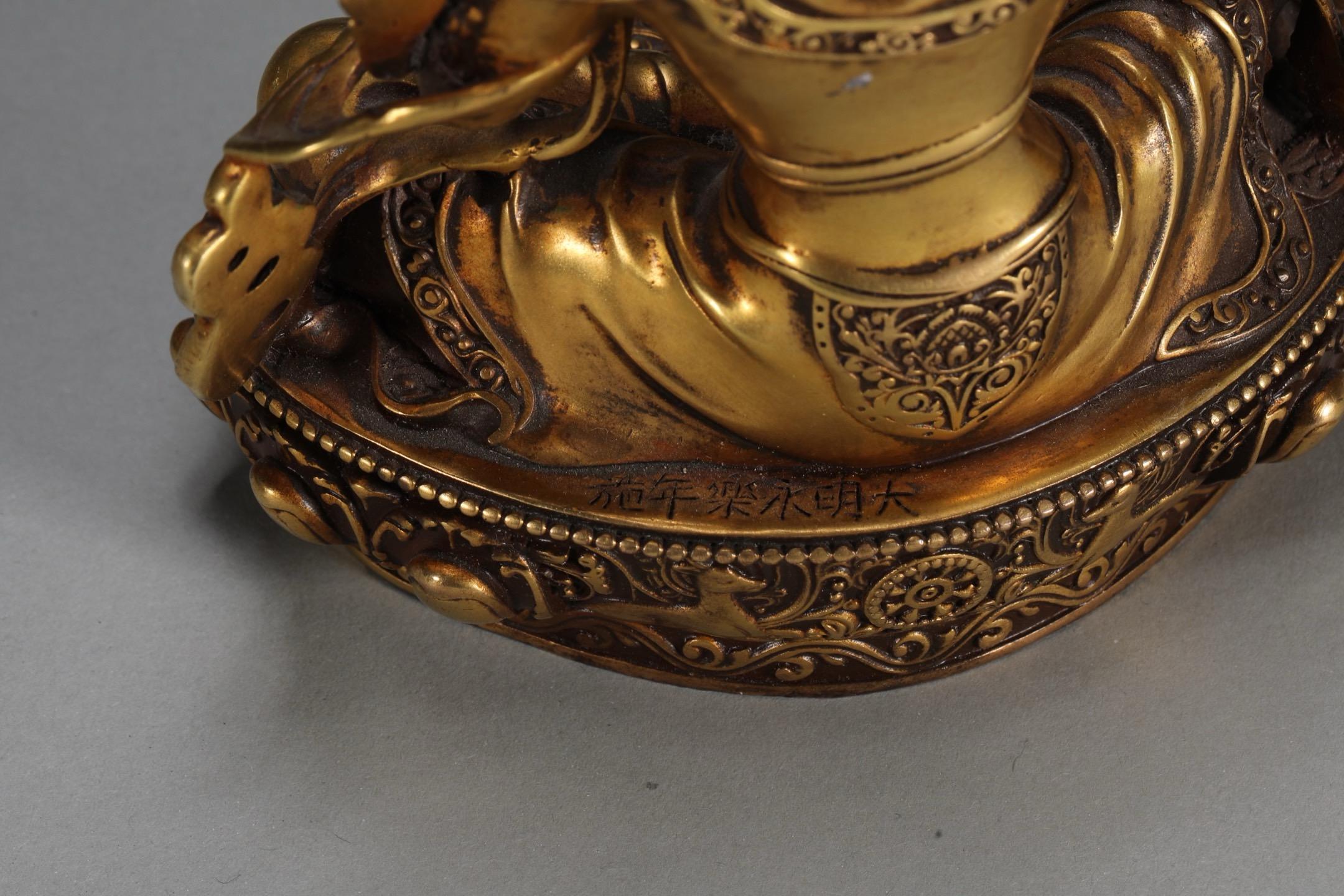Vintage Gilt Bronze Green Tara Tibetan Buddhism Goddess Seated Statue For Sale 5
