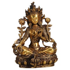 Vintage Gilt Bronze Green Tara Tibetan Buddhism Goddess Seated Statue