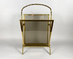 Vintage Gilt Bronze Magazine Rack, Faux Bamboo Base with Handle by Maison Bagues