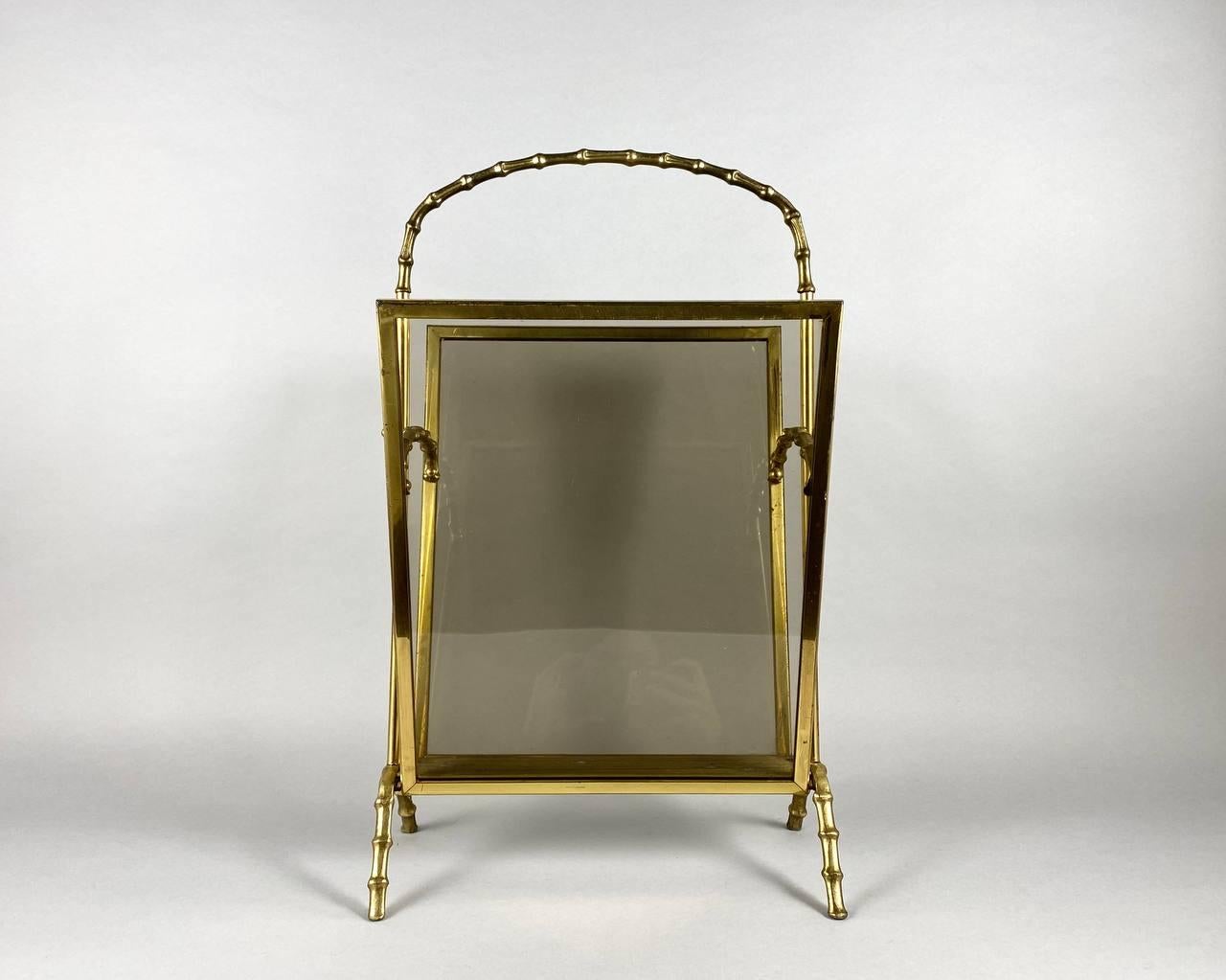 French Vintage Gilt Bronze Magazine Rack, Faux Bamboo Base with Handle by Maison Bagues For Sale