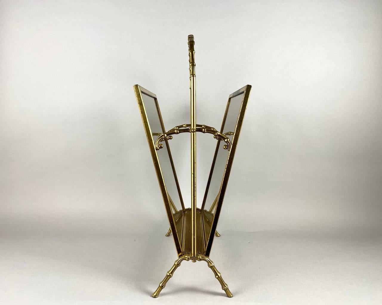 Vintage Gilt Bronze Magazine Rack, Faux Bamboo Base with Handle by Maison Bagues For Sale 1