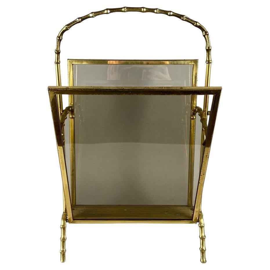 Vintage Gilt Bronze Magazine Rack, Faux Bamboo Base with Handle by Maison Bagues For Sale