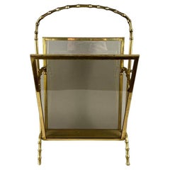 Vintage Gilt Bronze Magazine Rack, Faux Bamboo Base with Handle by Maison Bagues
