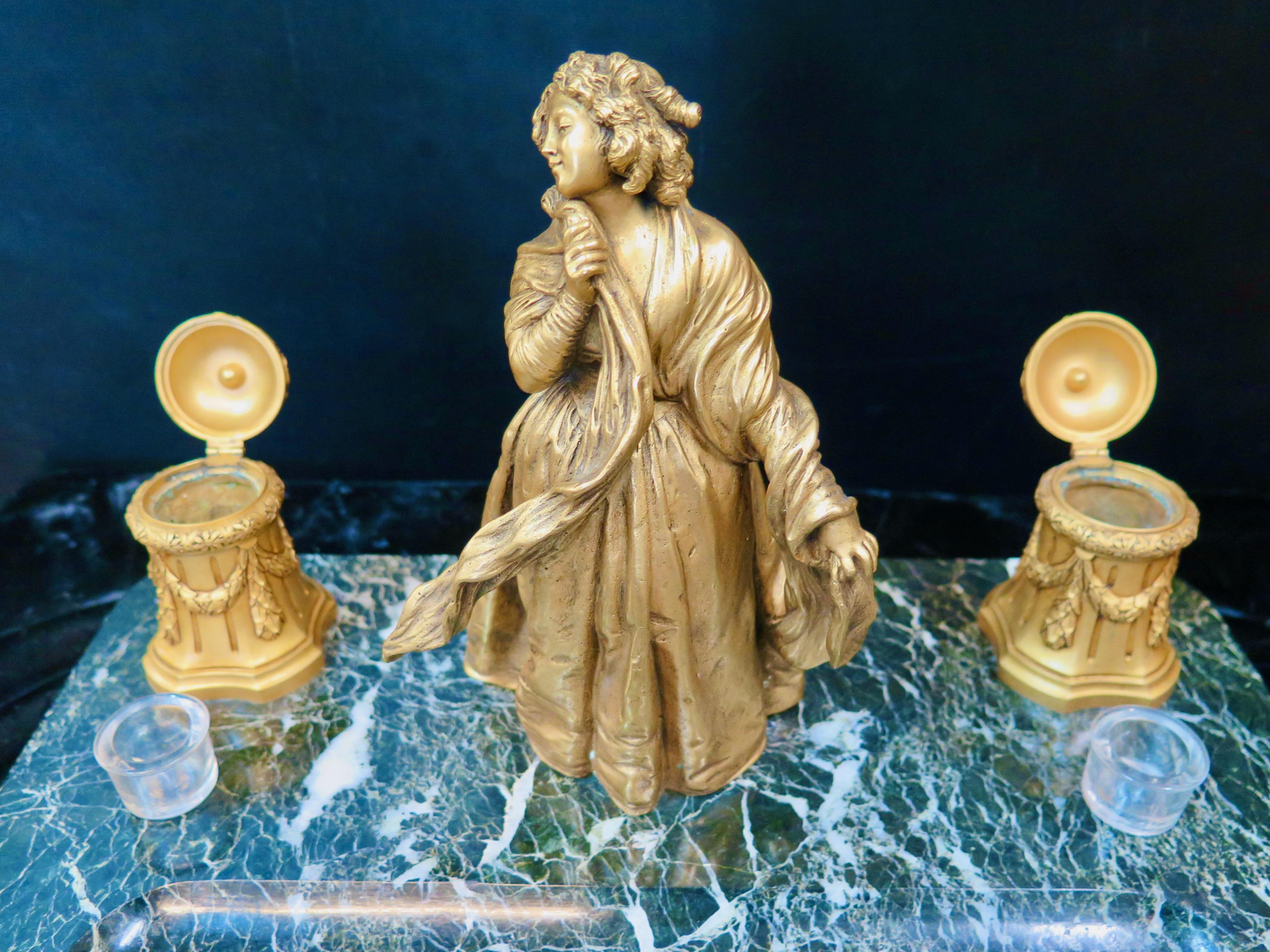 Encrier vintage en bronze doré et marbre en vente 1