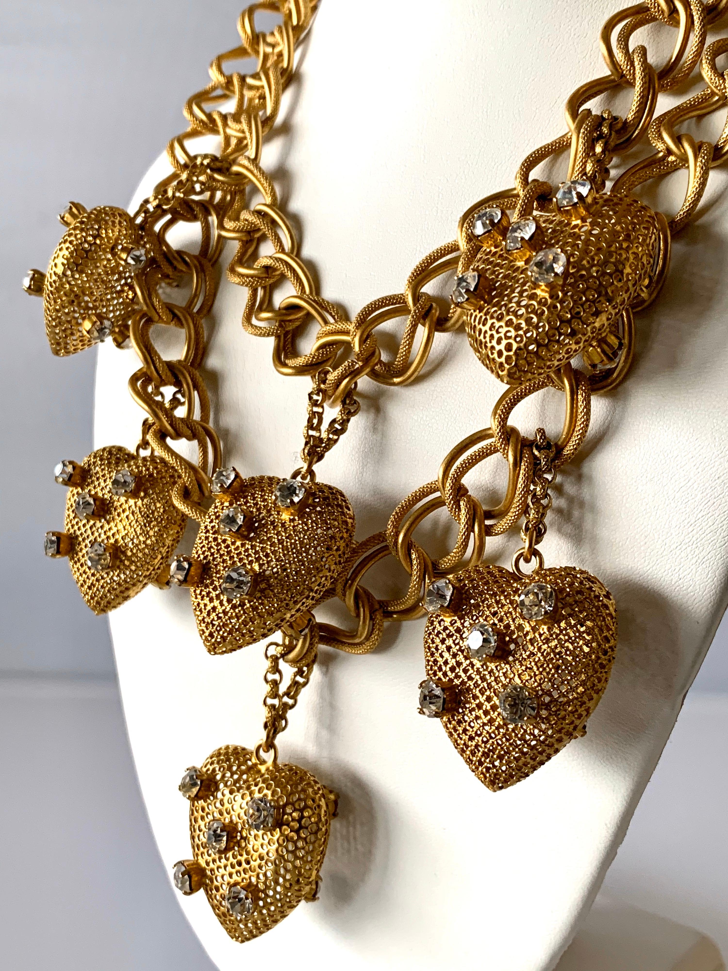 Contemporary Vintage Gilt Chain and Diamanté Heart Bib Statement Necklace 