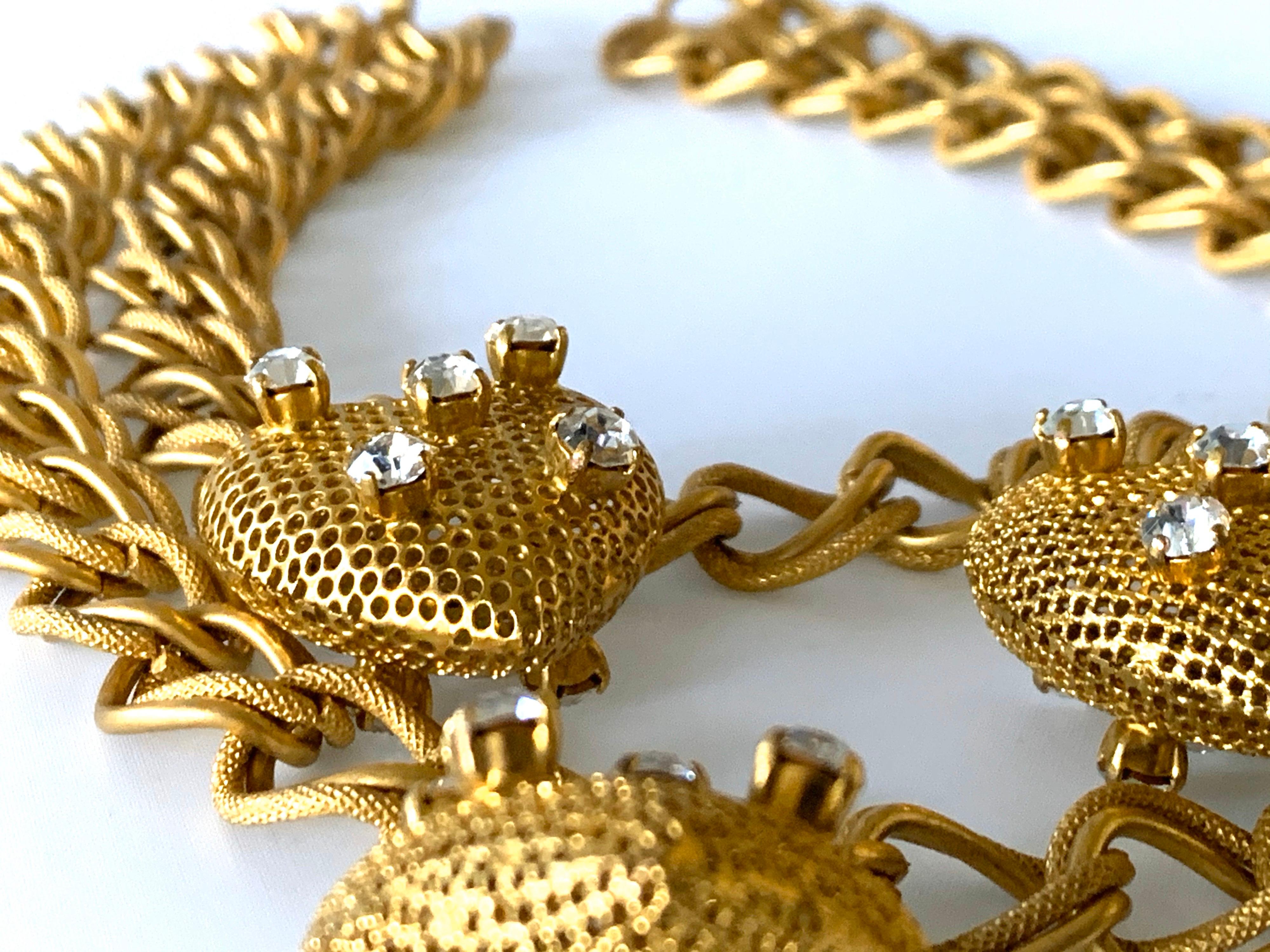 Vintage Gilt Chain and Diamanté Heart Bib Statement Necklace  1