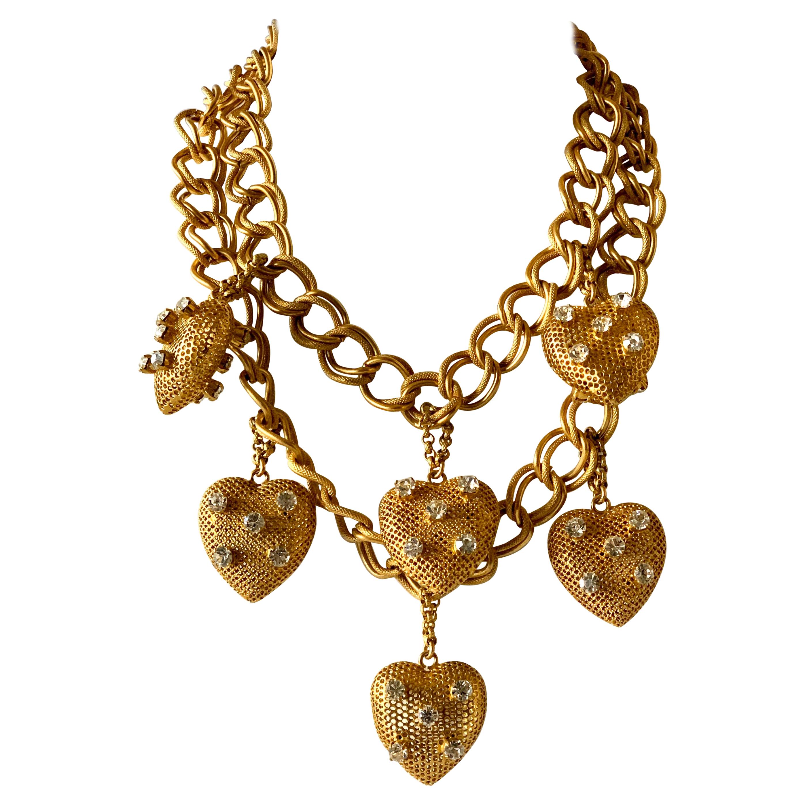 Vintage Gilt Chain and Diamanté Heart Bib Statement Necklace 