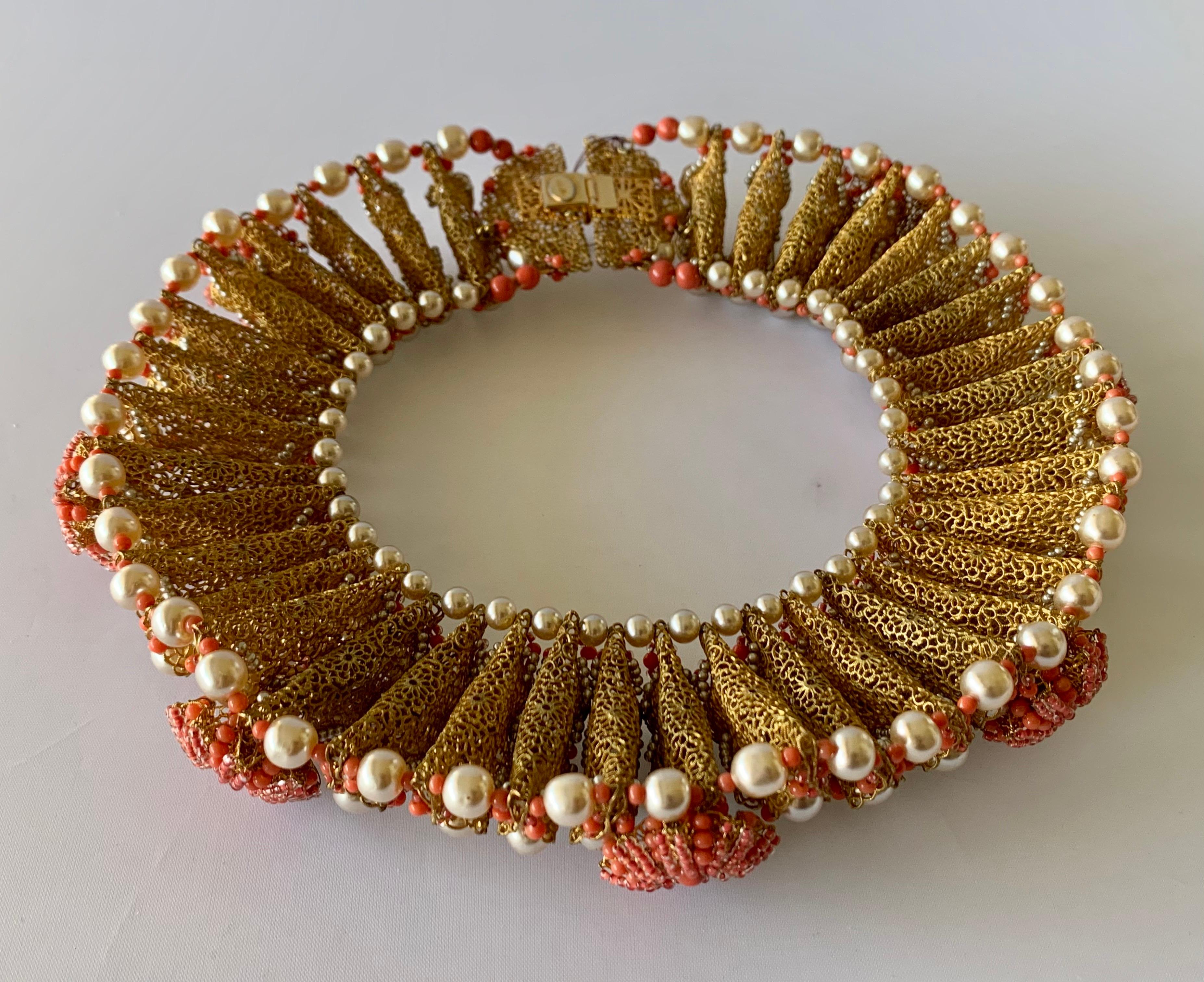 Vintage Gilt Coral and Pearl Beaded Statement Necklace by de Lillo  5